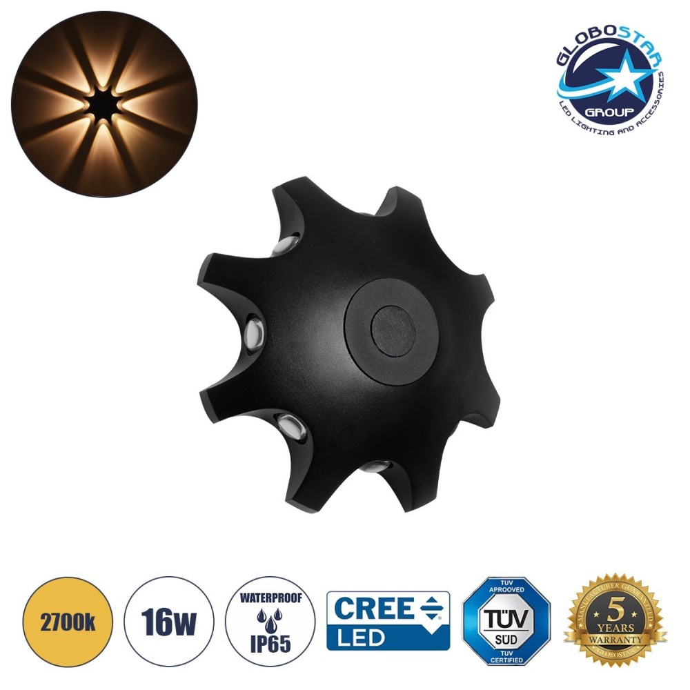 GLOBOSTAR® SPARK 60684 Μοντέρνο Φωτιστικό Τοίχου - Απλίκα LED 16W 2000lm 30° AC 220-240V Αδιάβροχο IP65 Θερμό Λευκό 2700K - CREE XPE Chip & TÜV SÜD Driver - Μαύρο Ματ - Μ25 x Π6 x Υ25cm - 5 Χρόνια Εγγύηση